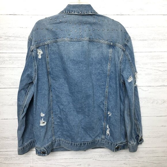 Free People Women's Denim Jean Jacket Studded Oversized Trucker Distressed M - Picture 3 of 12